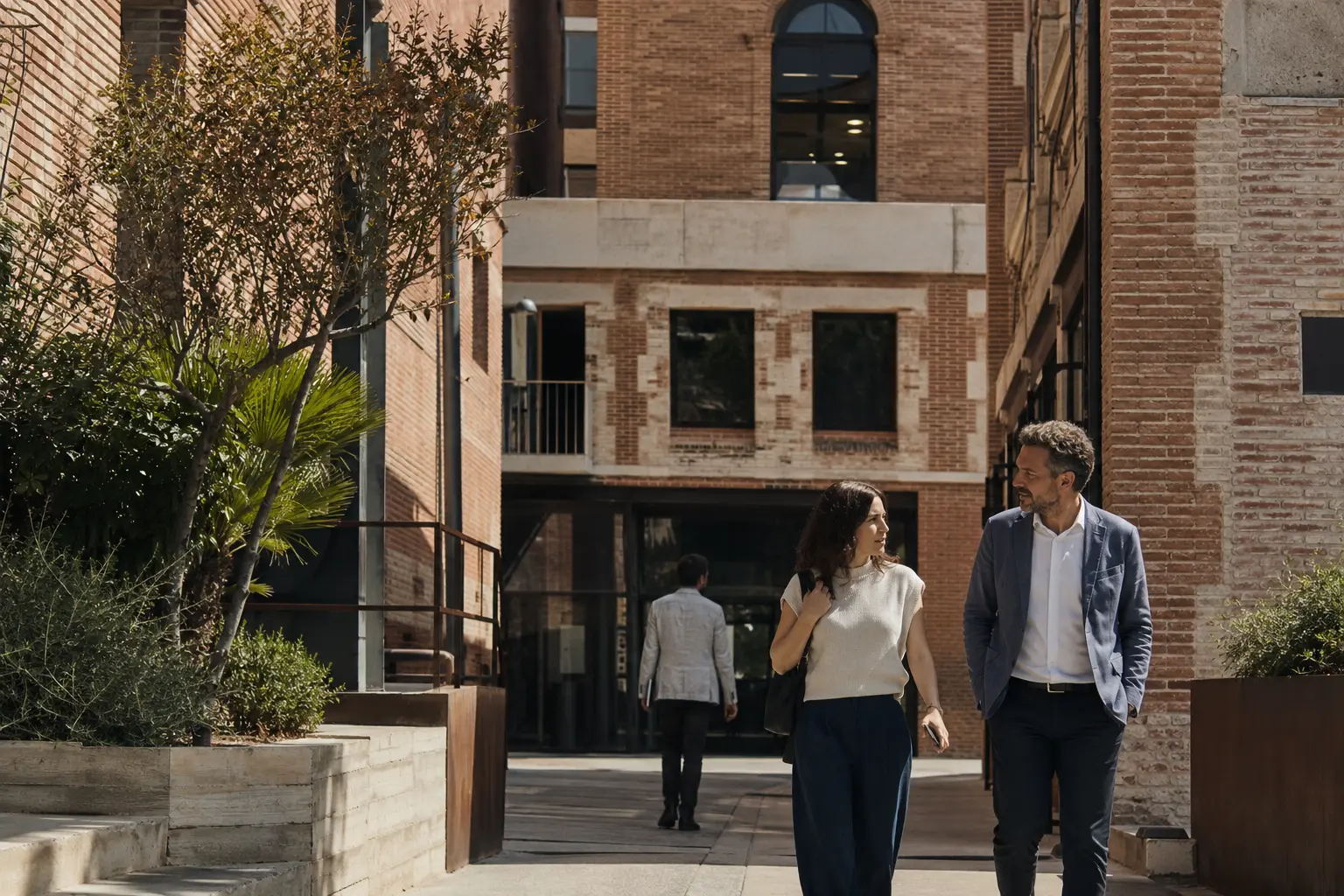 Professionals in conversation in Barcelona's contemporary business district