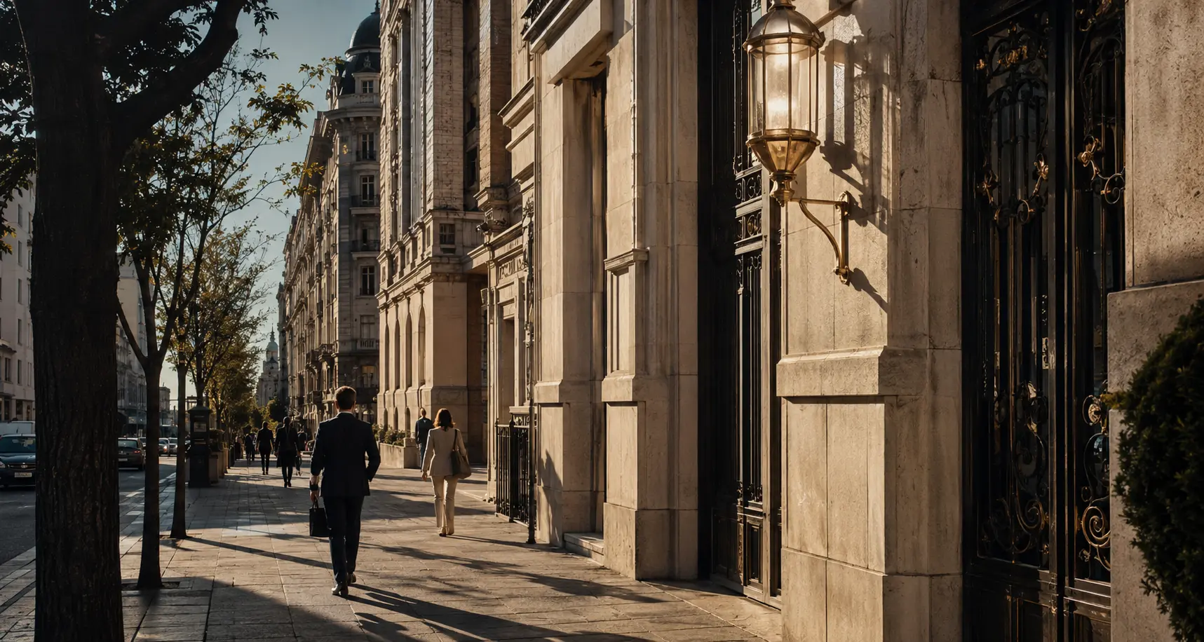 Professionals walking through central Madrid in warm late-afternoon light